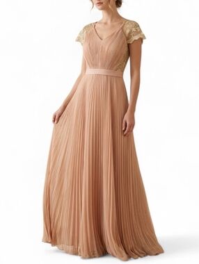 ​Vintage Blush Pink Gold Lace Maxi Dress Pleated Formal Evening Gown Boho Gala